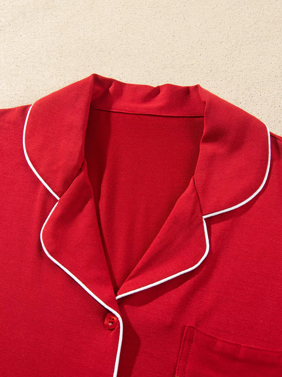 Bow Pocket Long Sleeve Pajama Set in Deep Red