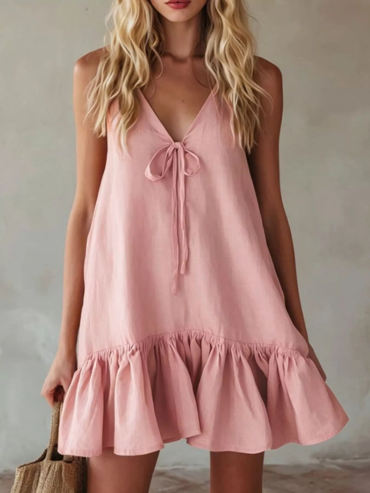 Tie-Front Ruffle Hem Mini Dress in Turmeric