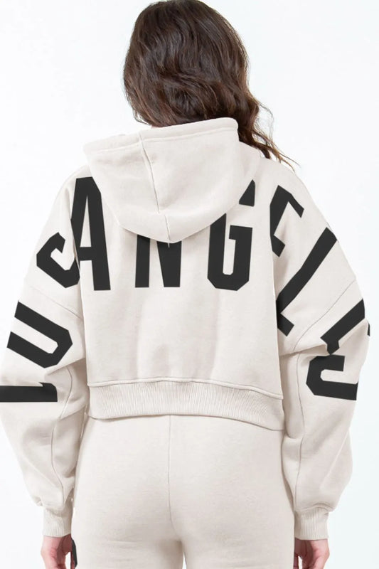 American Bazi Graphic Cropped Hoodie in Beige