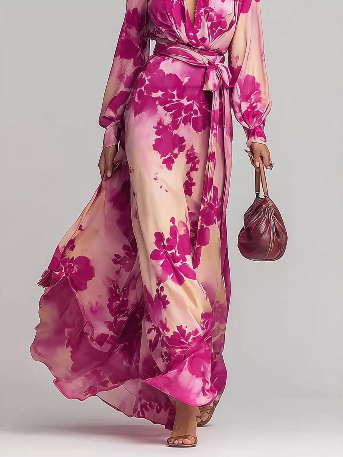 Floral Print Maxi Dress with Waist Tie in Hot Pink