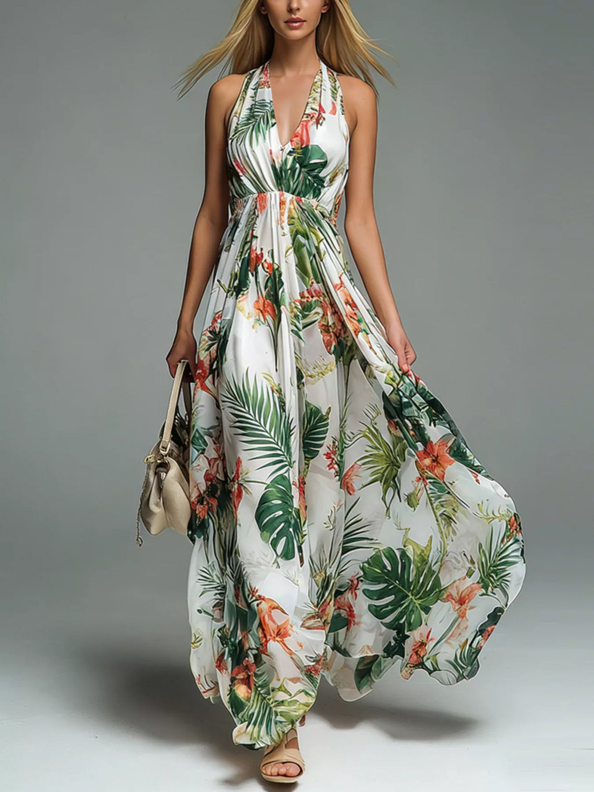 Halter Neck Printed Flowy Maxi Dress