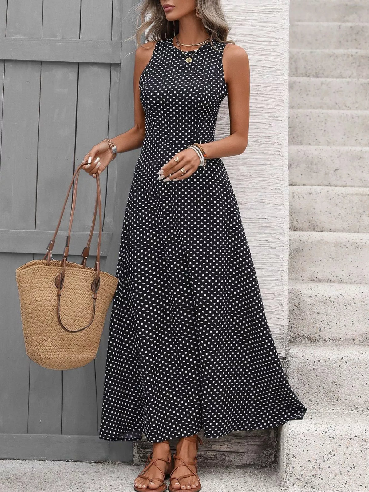 Sleeveless Polka Dot Tie Maxi Dress