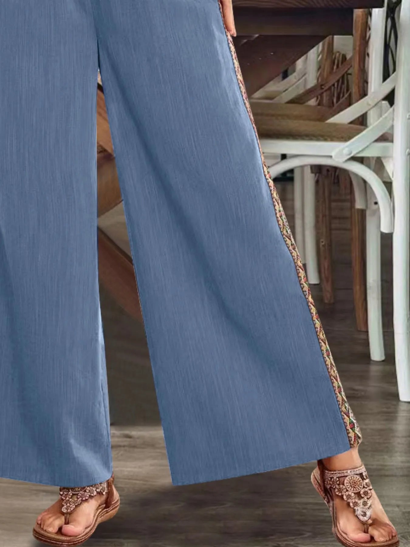 Embroidered Side-Stripe Wide-Leg Pants