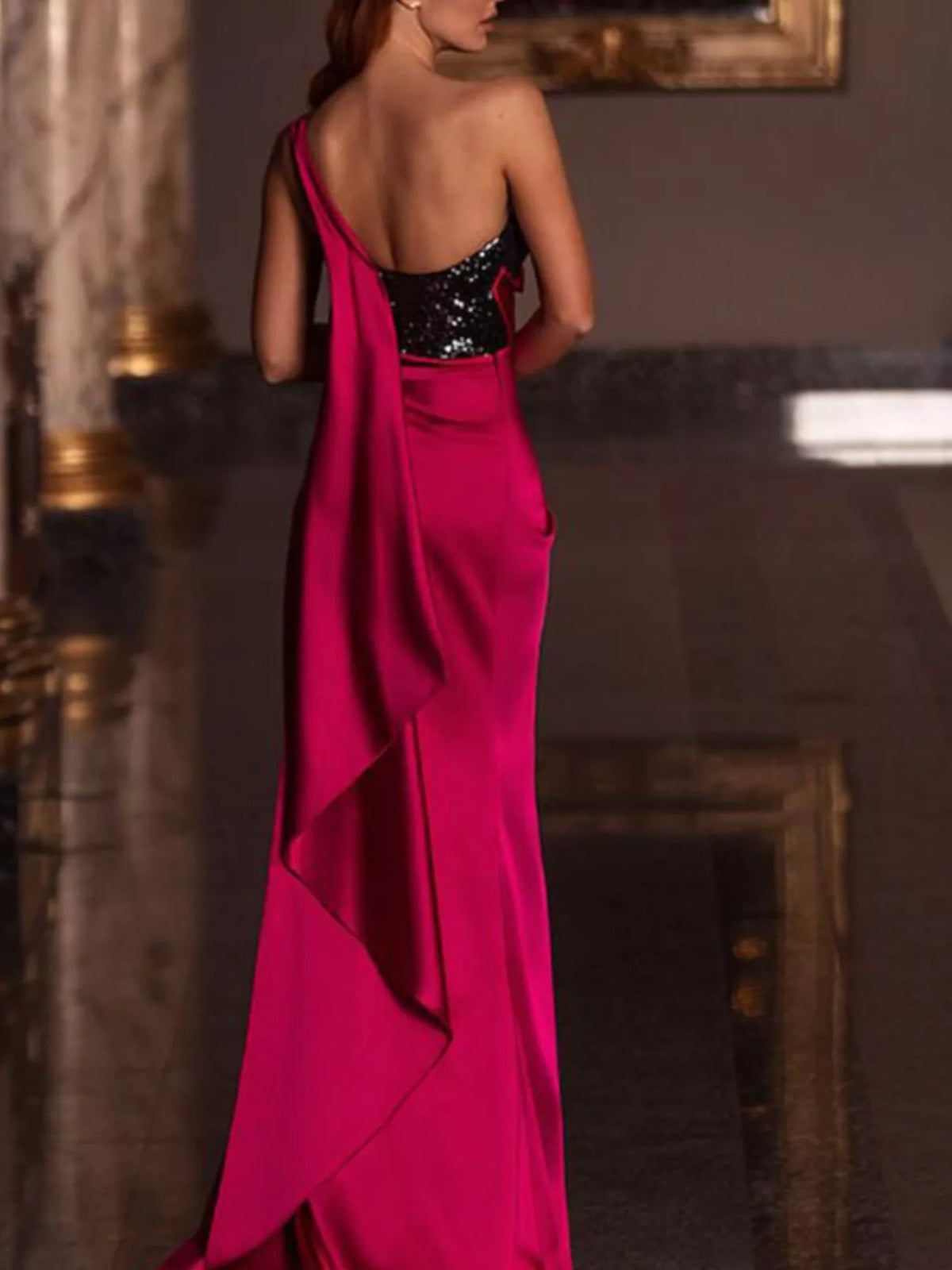 One-Shoulder Sequin Bodice Satin Gown
