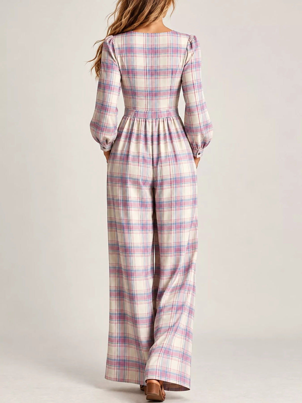 Plaid Square-Neck Wide-Leg Jumpsuit