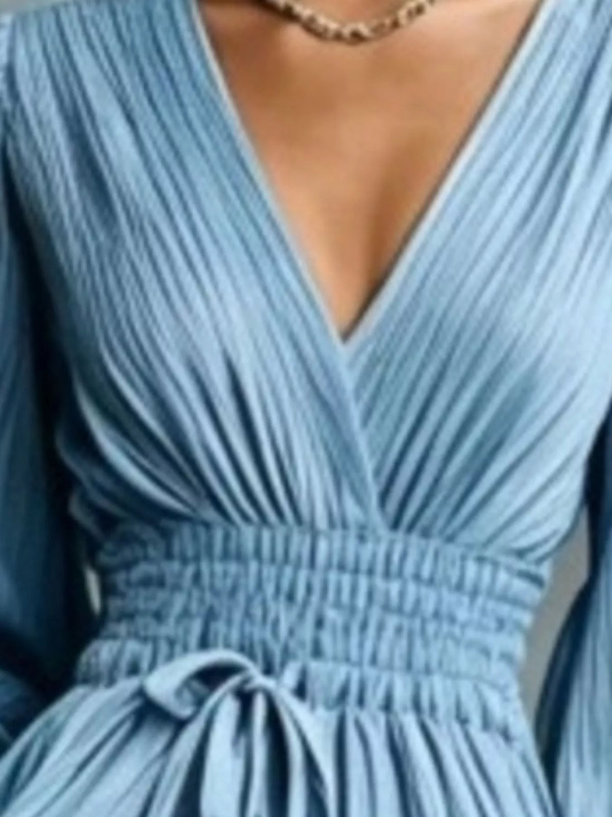 Pleated V-Neck Maxi Dress with Lantern Sleeves