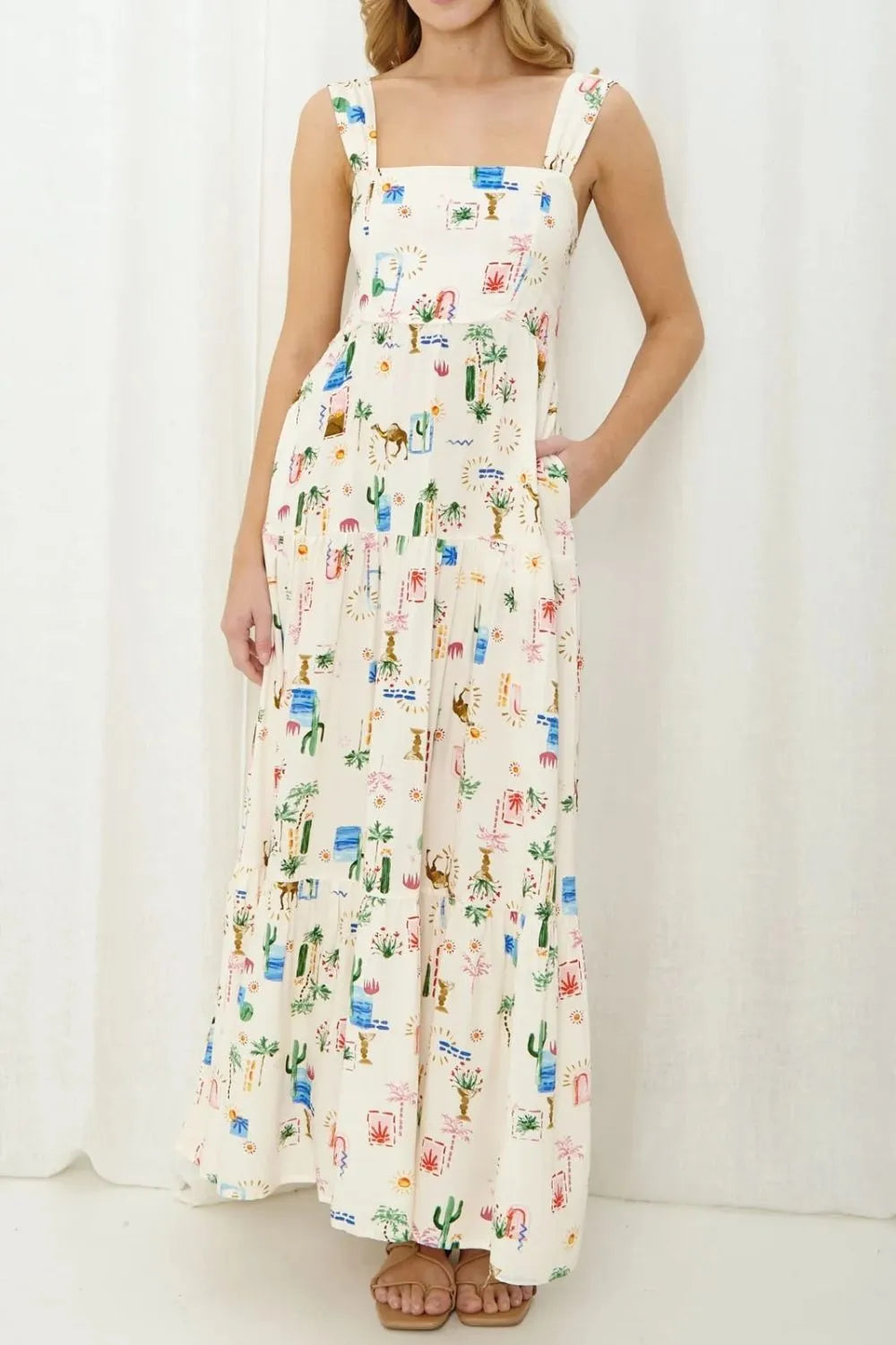 Printed Square Neck Wide Strap Maxi Dress by Shenori