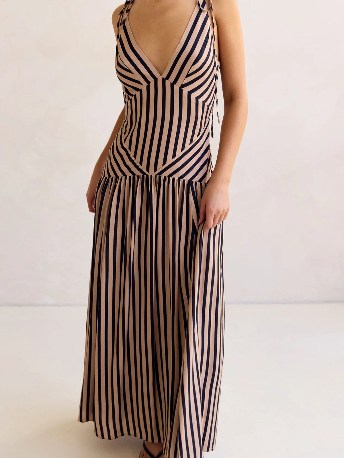 Striped V-Neck Tie-Shoulder Maxi Dress in Brown