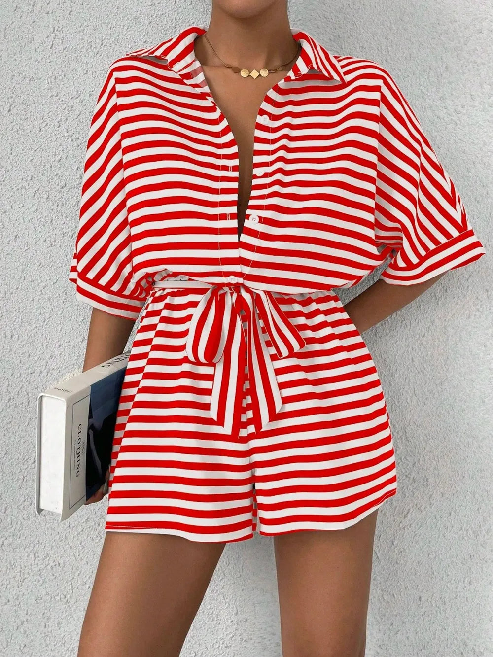 Half-Button Tie Waist Striped Romper