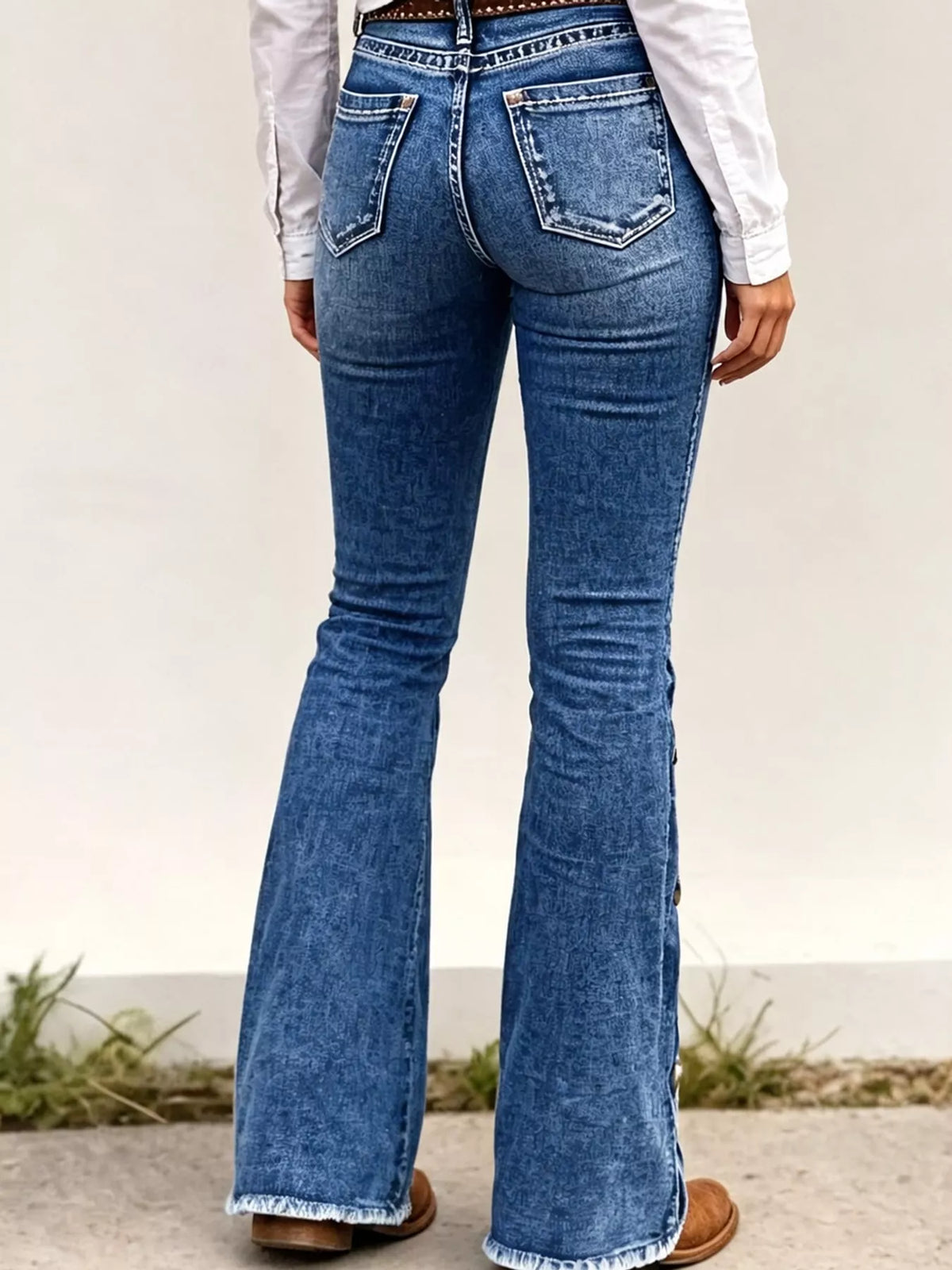 High-Waisted Button-Side Flare Jeans in Dark Blue