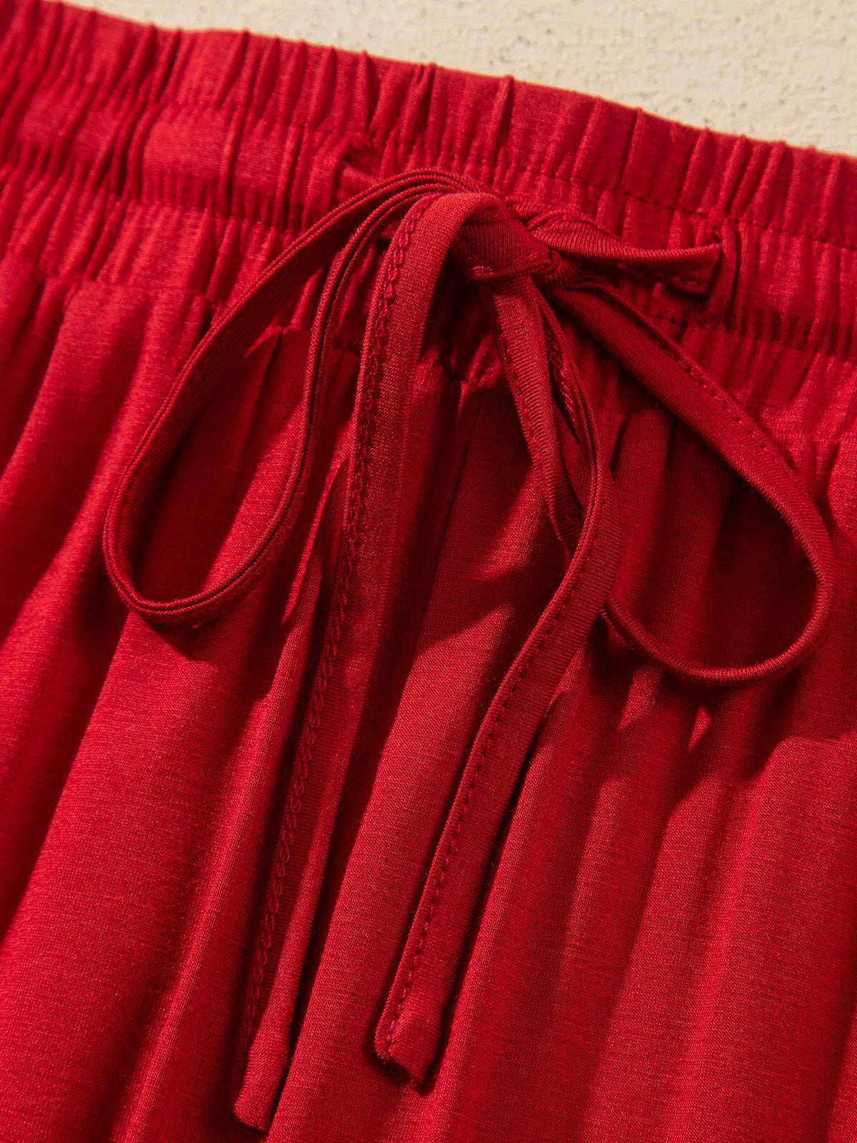Bow Pocket Long Sleeve Pajama Set in Deep Red