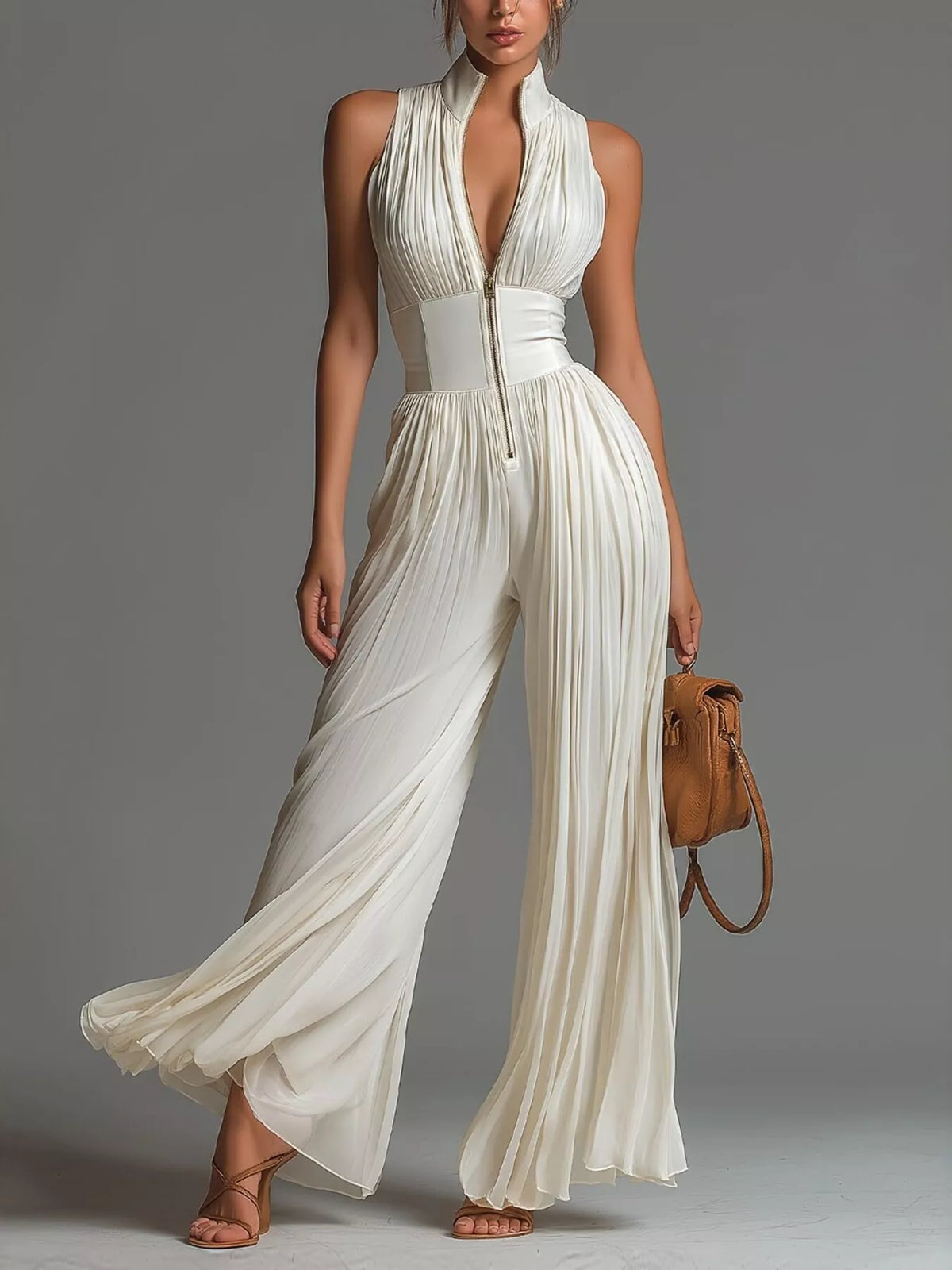 Sleeveless Pleated Jumpsuit in Cream