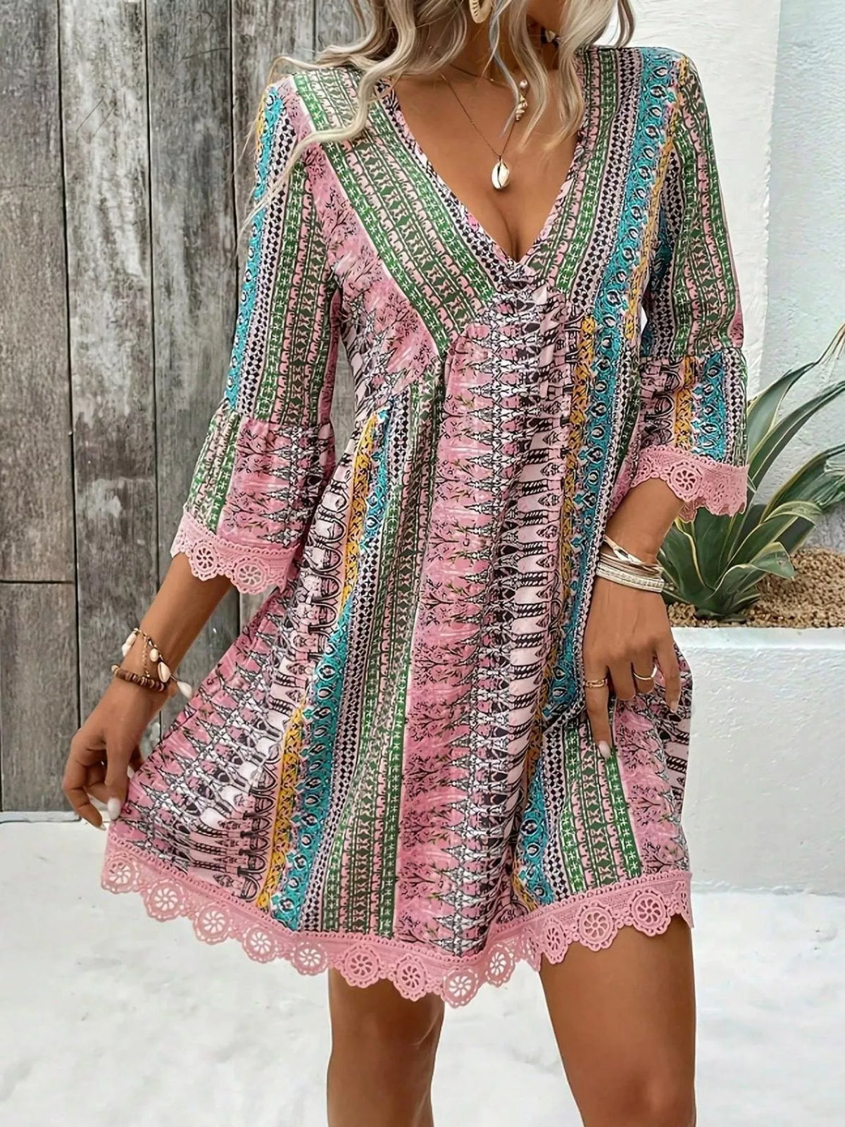 Printed V-Neck A-Line Dress with Lace Detail