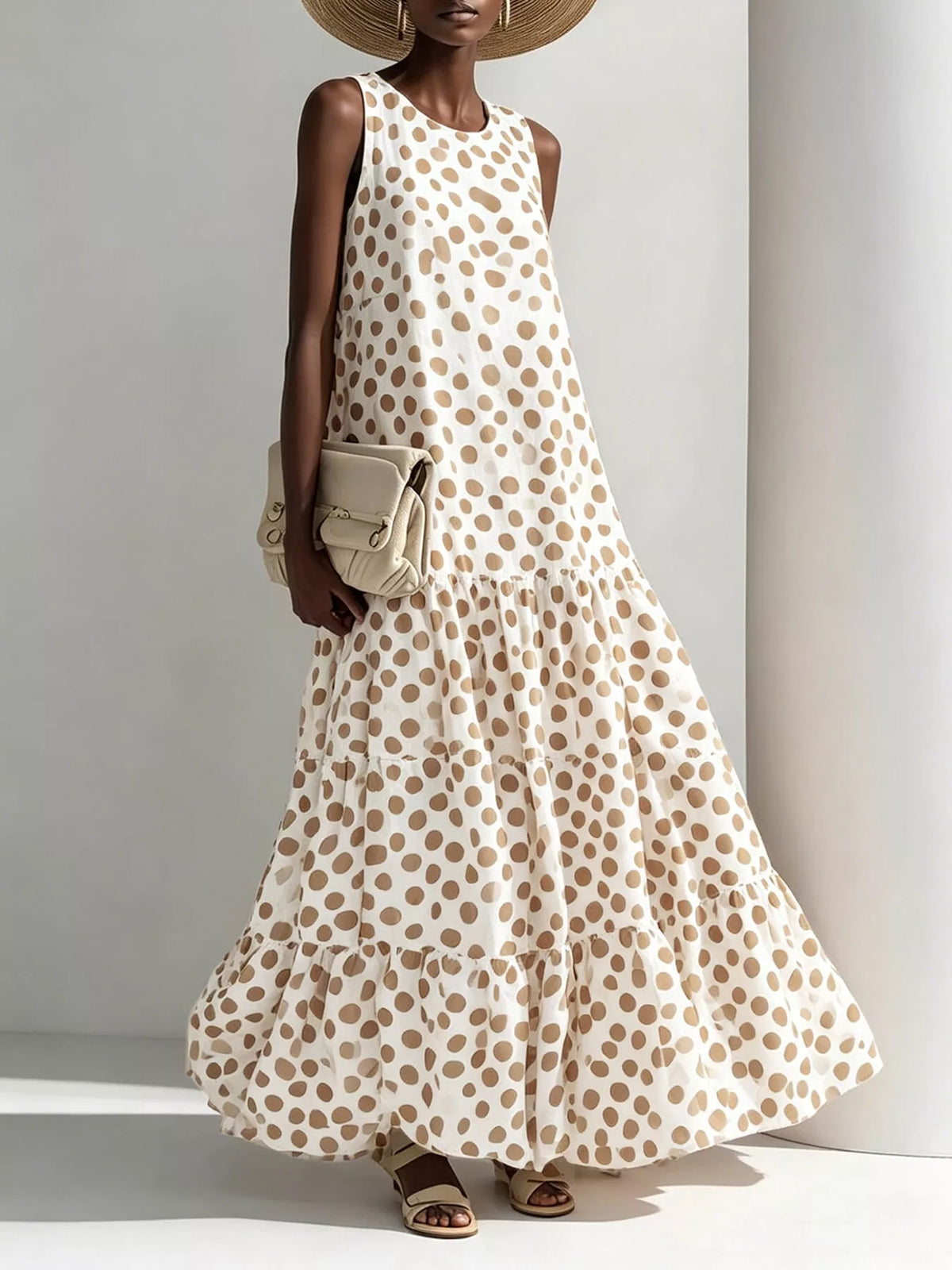 Polka Dot Tiered Maxi Dress in Beige