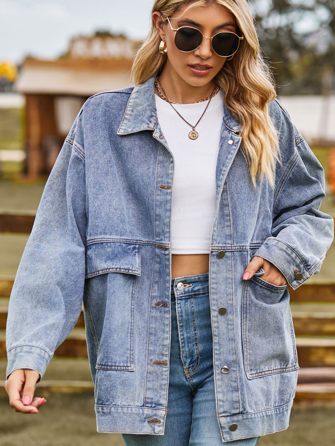 Dropped Shoulder Denim Jacket with Pockets by Manny