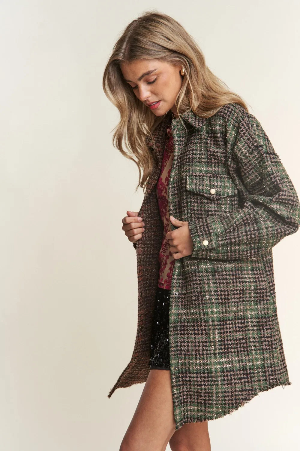 Tweed Plaid Longline Shacket in Misty Forest by J.NNA