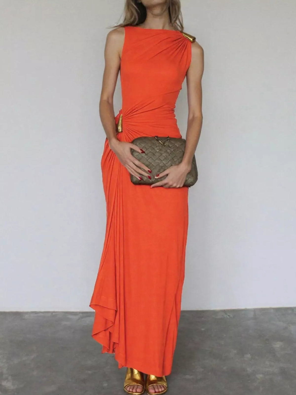 Draped Bodycon Maxi Dress with Metal Detail