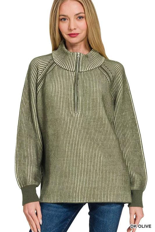 Zenana Two Tone Half Zip Sweater in Dark Olive in Dk olive