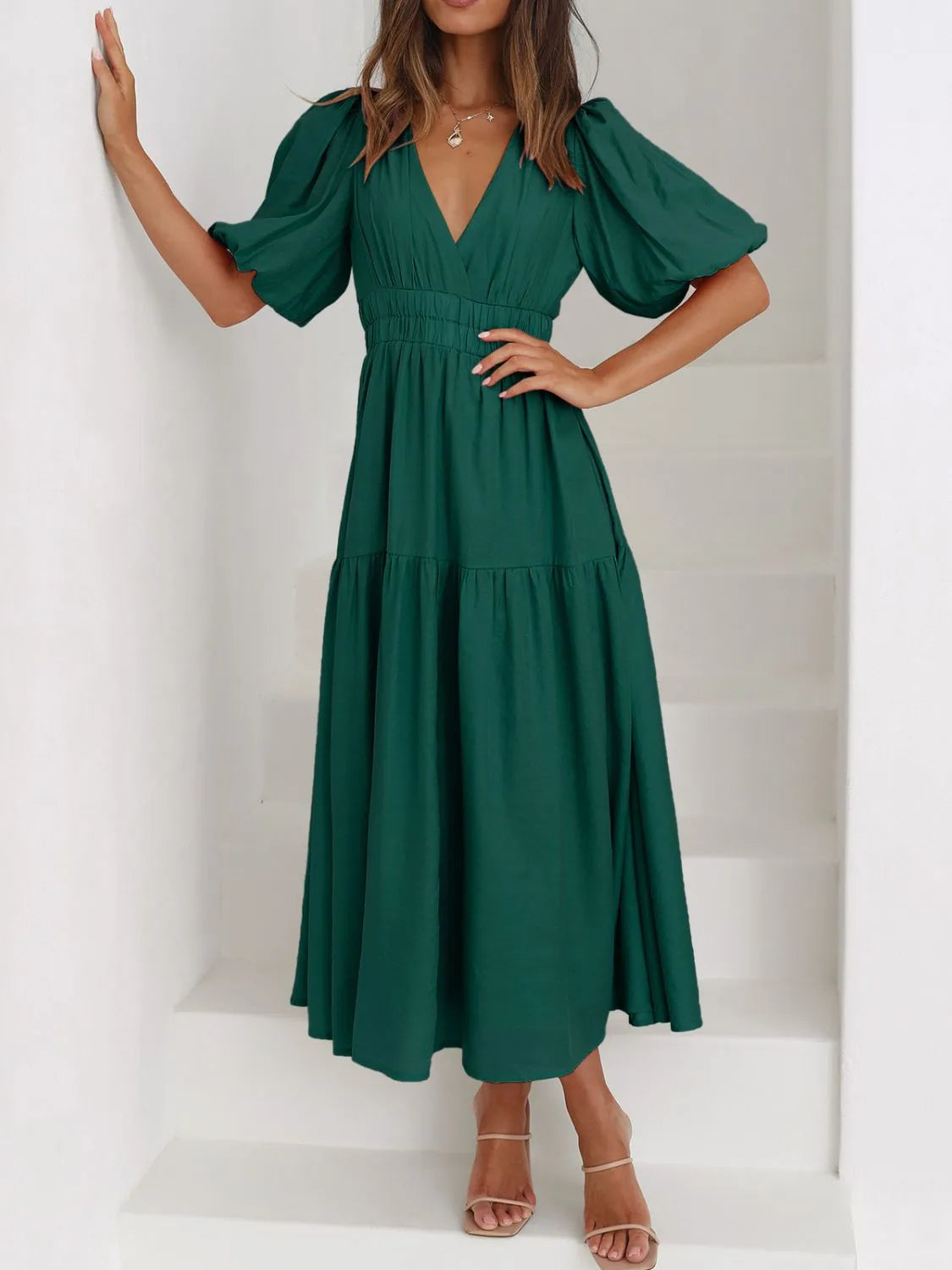 V-Neck Puff Sleeve Ruched Midi Dress
