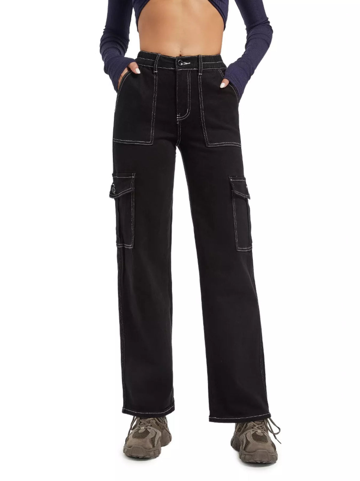 High-Waisted Cargo Jeans with Contrast Stitching
