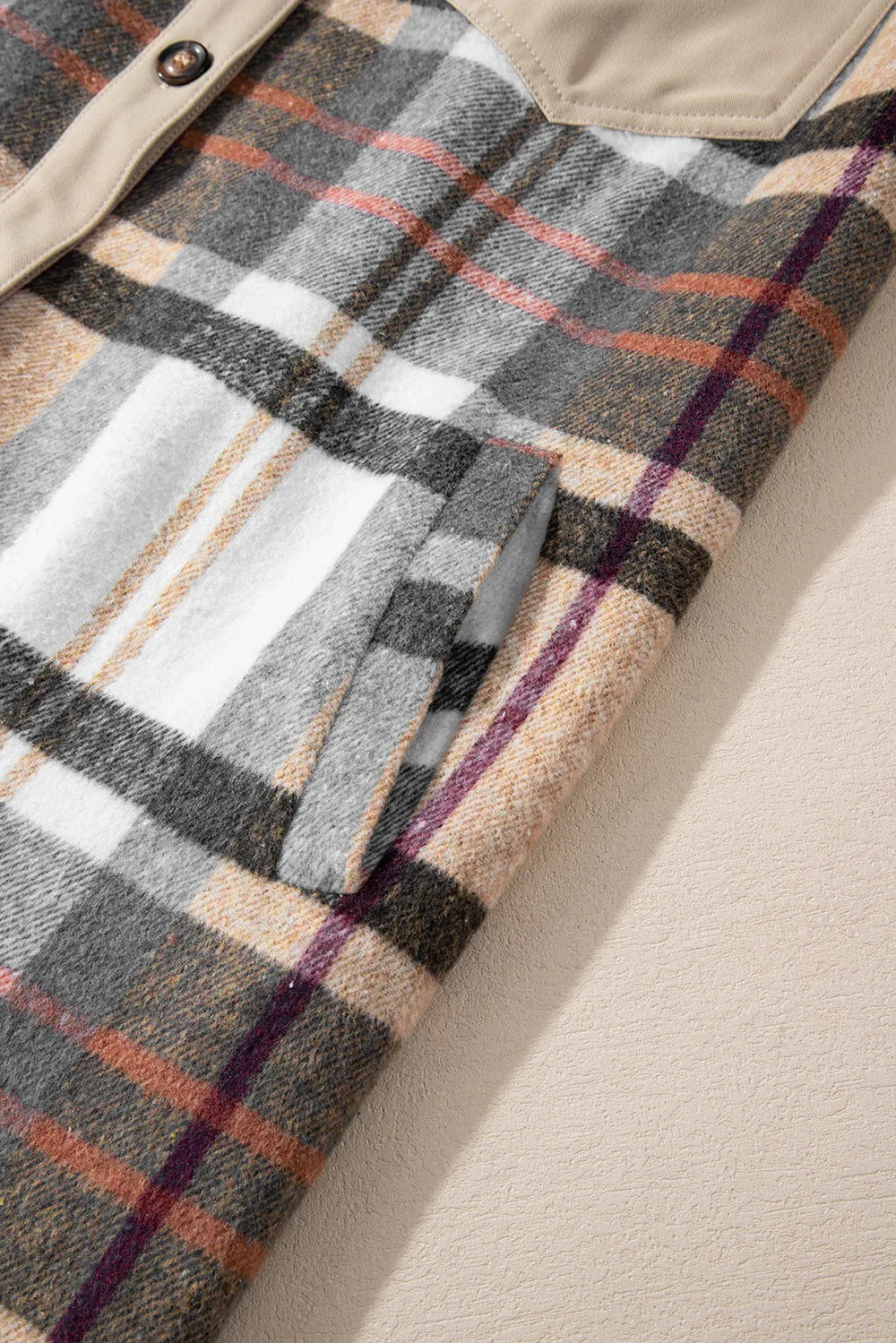 Pocketed Plaid Long-Sleeve Mini Shirt Dress in Khaki