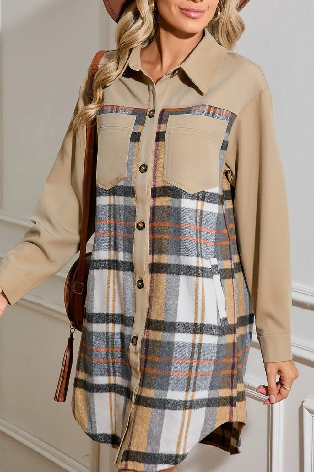 Pocketed Plaid Long-Sleeve Mini Shirt Dress in Khaki