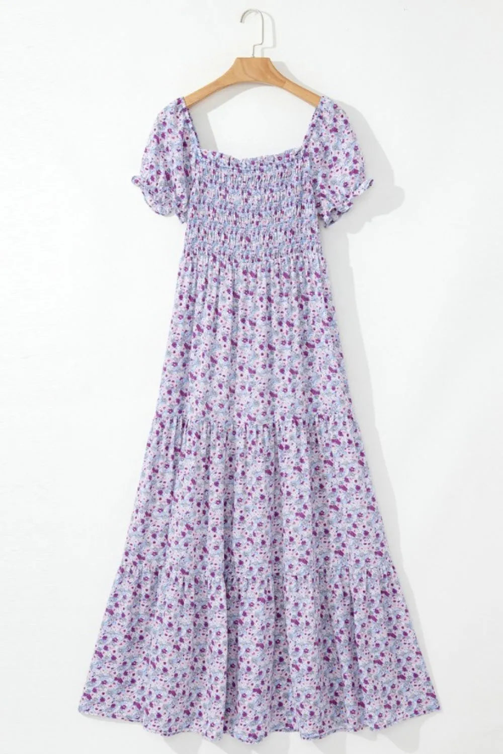 Smocked Tiered Floral Maxi Dress in Lavender