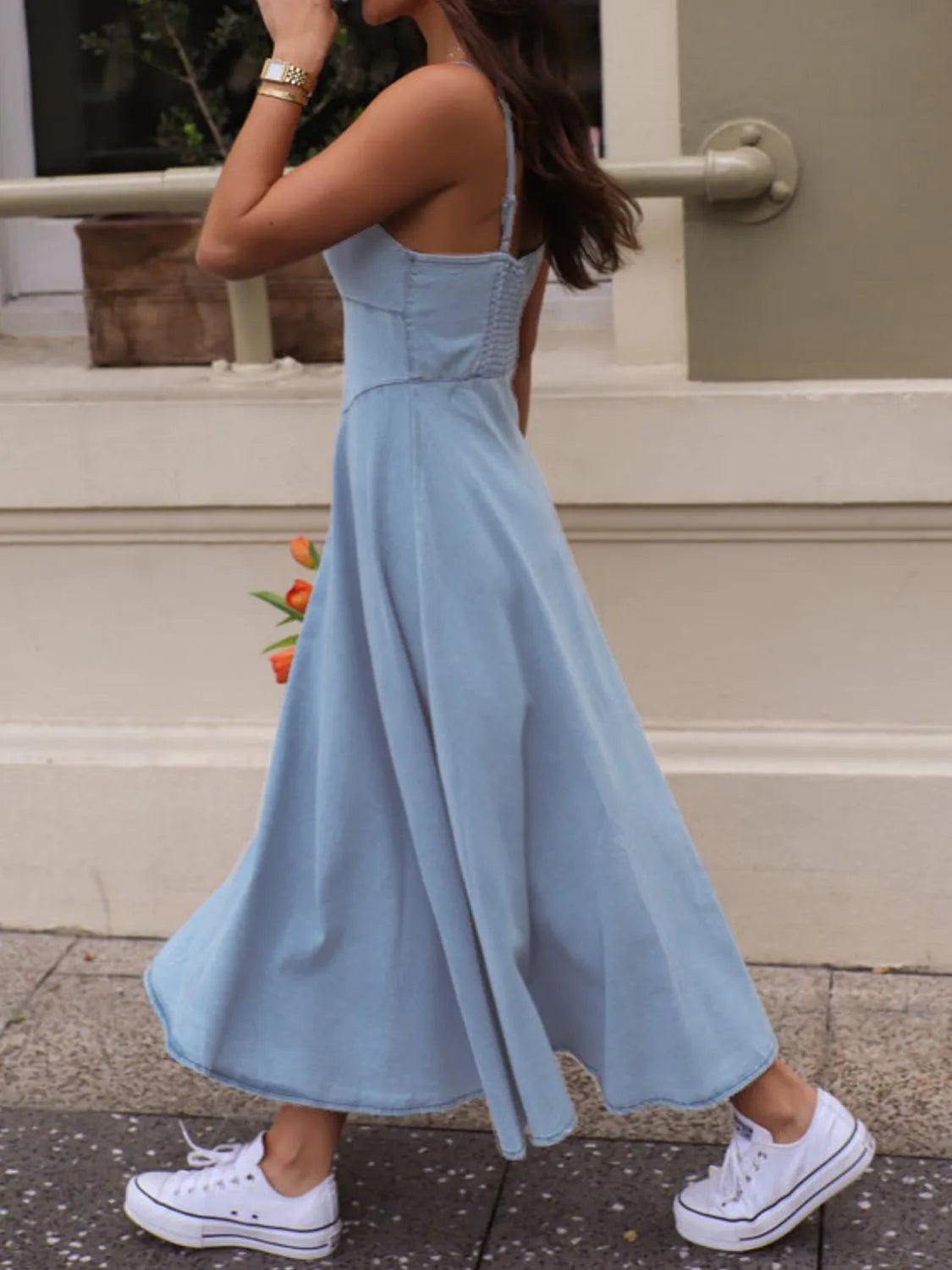 Smocked Midi Cami Dress in Light Blue