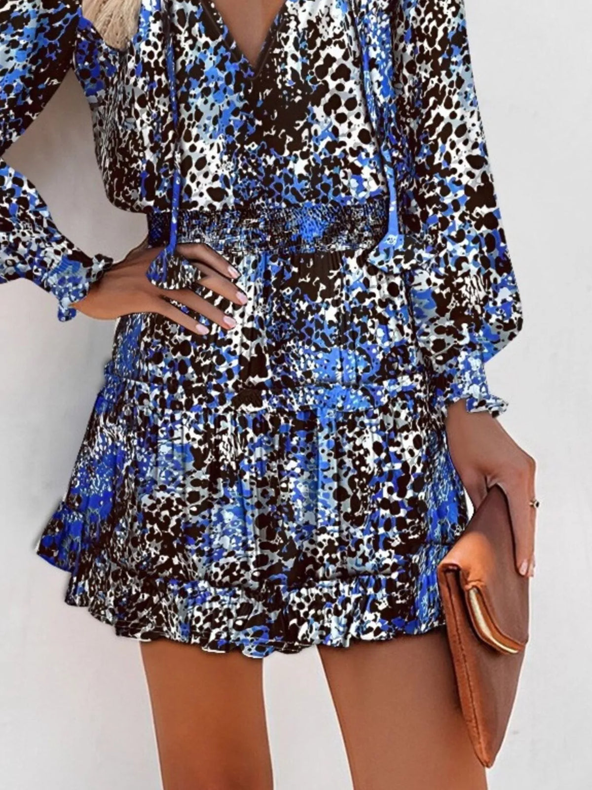 Tie-Neck Lantern Sleeve Dress with Tiered Ruffles