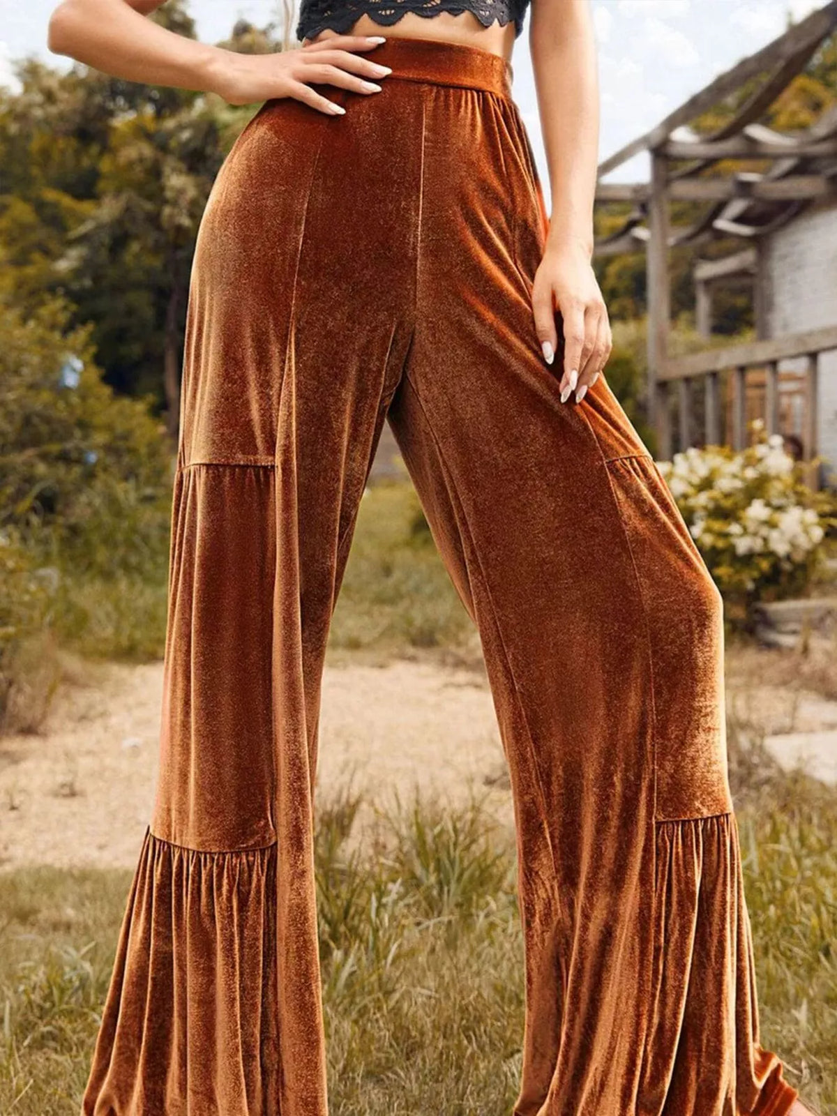 Ruched Velvet Wide-Leg Pants