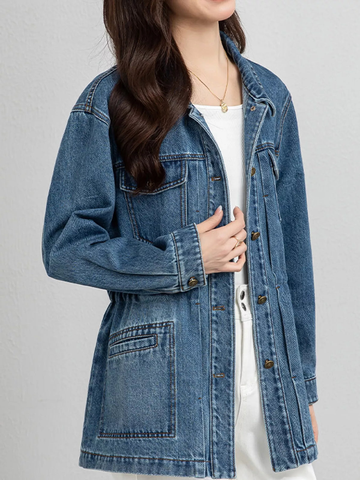 Washed Denim Button-Up Jacket in Blue