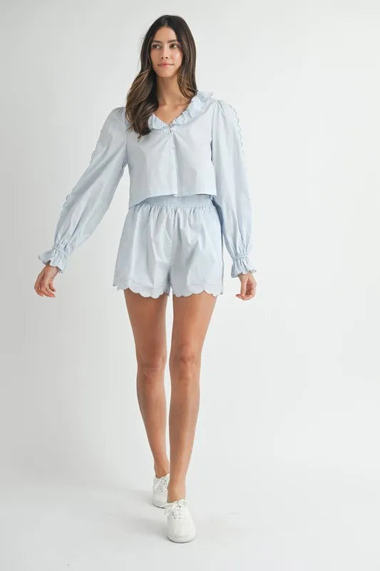 Scallop Trim Blouse and Shorts Set in Light Blue in Lt Blue