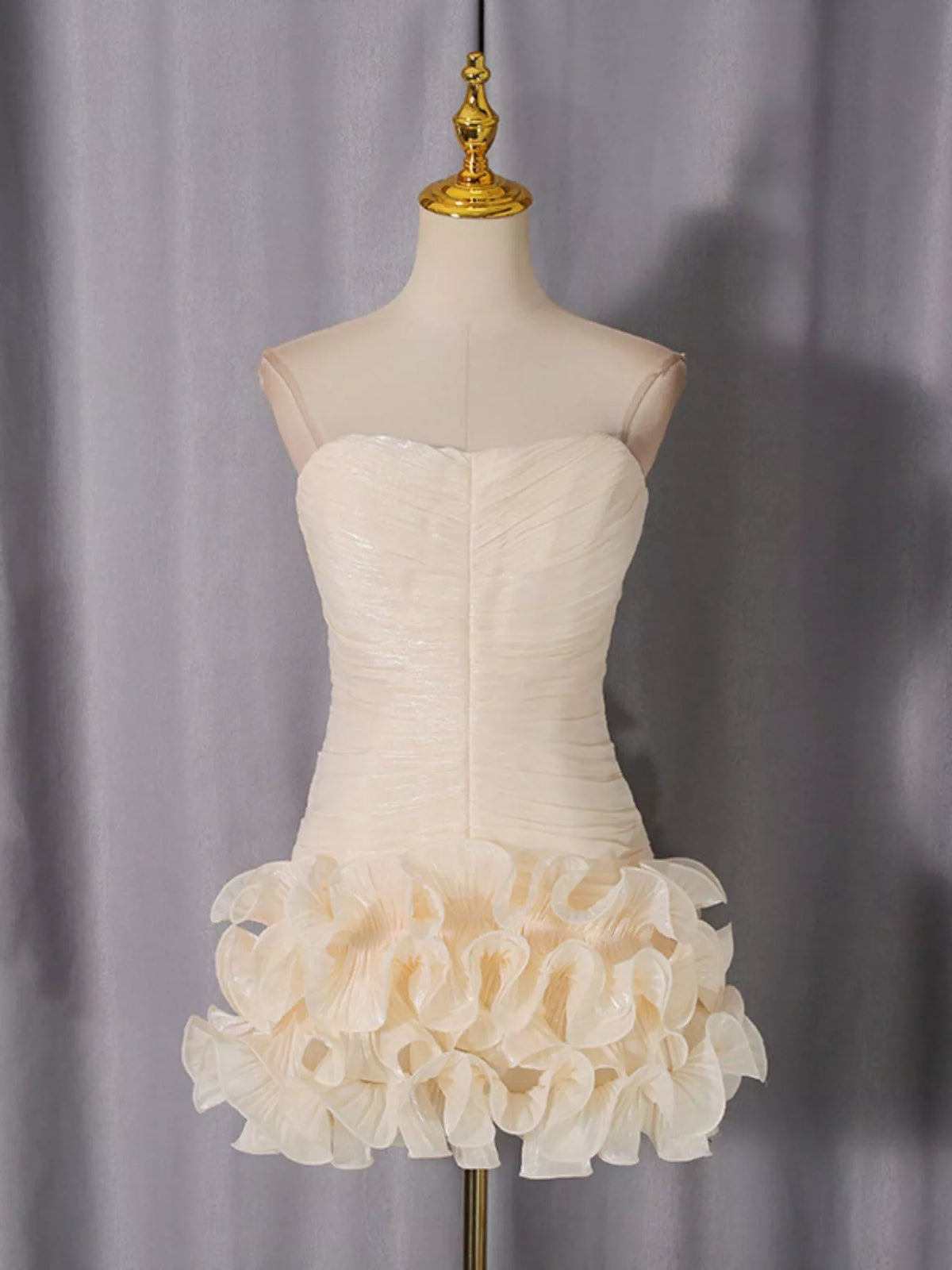 Strapless Ruffle Ruched Mini Dress in Apricot