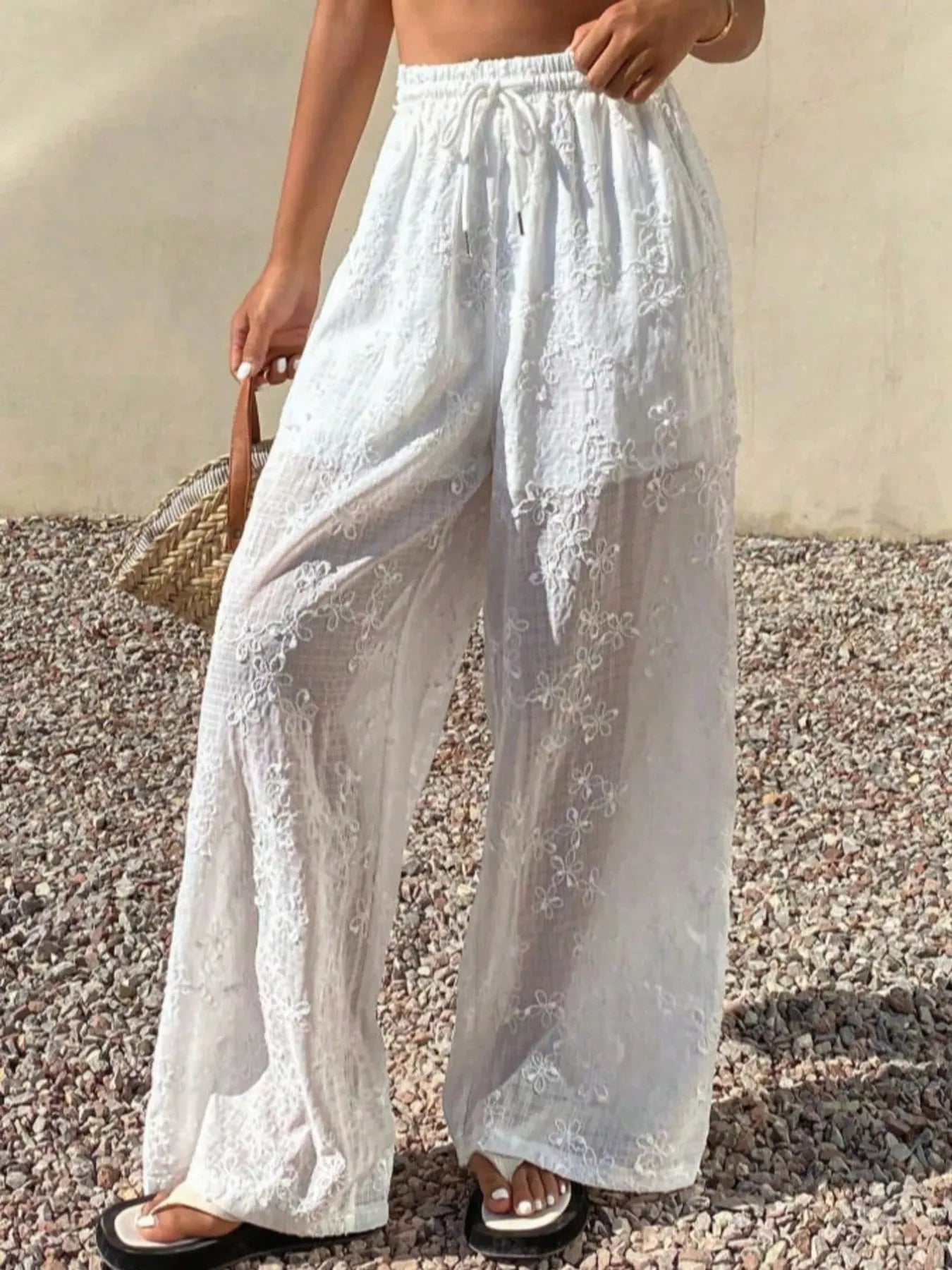 Embroidered Drawstring Wide-Leg Pants in White