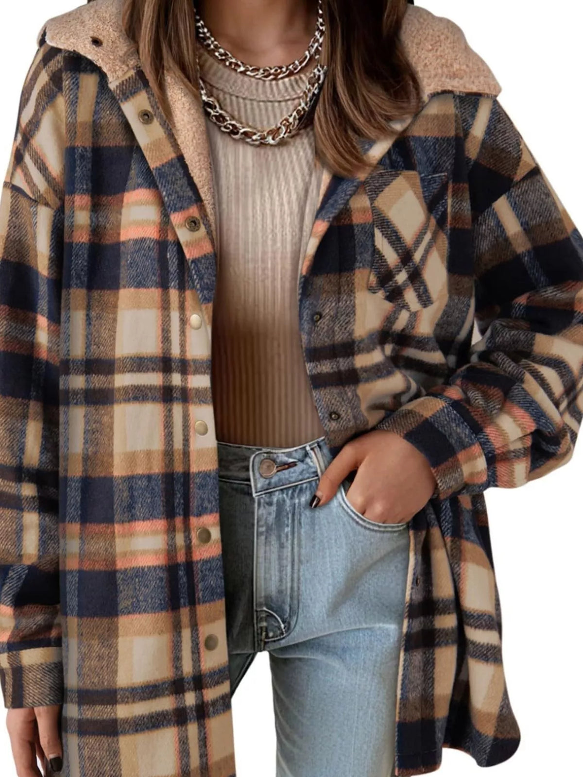 Plaid Hooded Button-Up Jacket