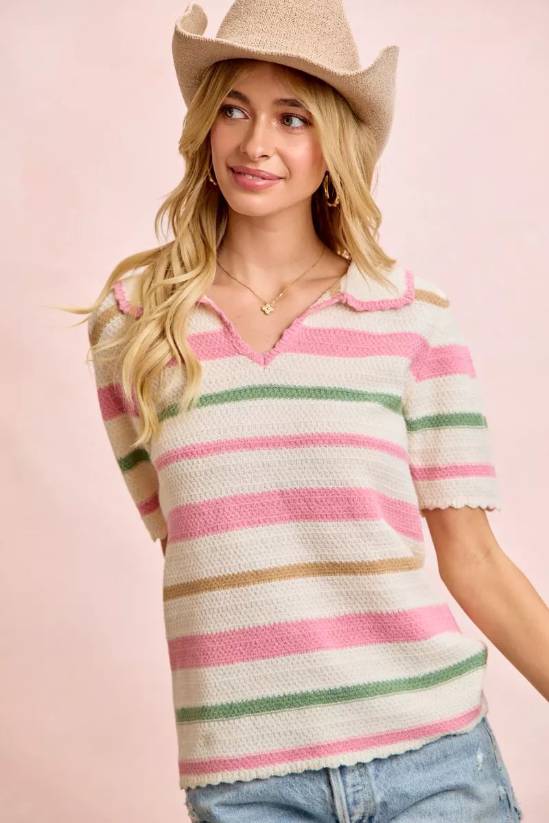 Striped Collared Knit Top in Cream/Pink by BiBi