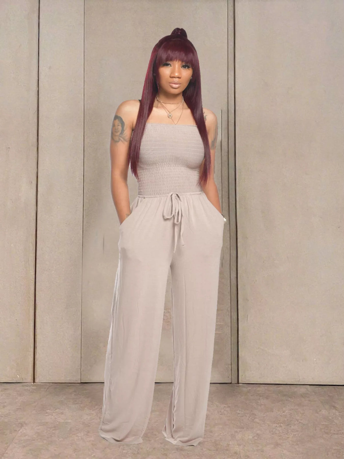 Smocked Strapless Wide-Leg Jumpsuit