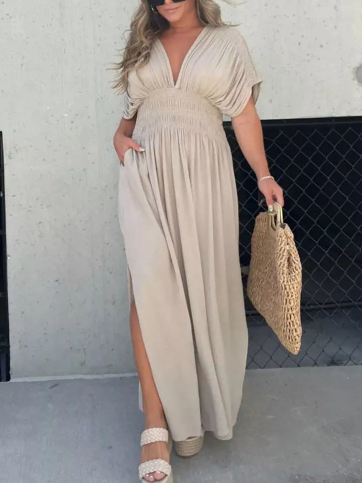 Smocked Waist V-Neck Slit Maxi Dress