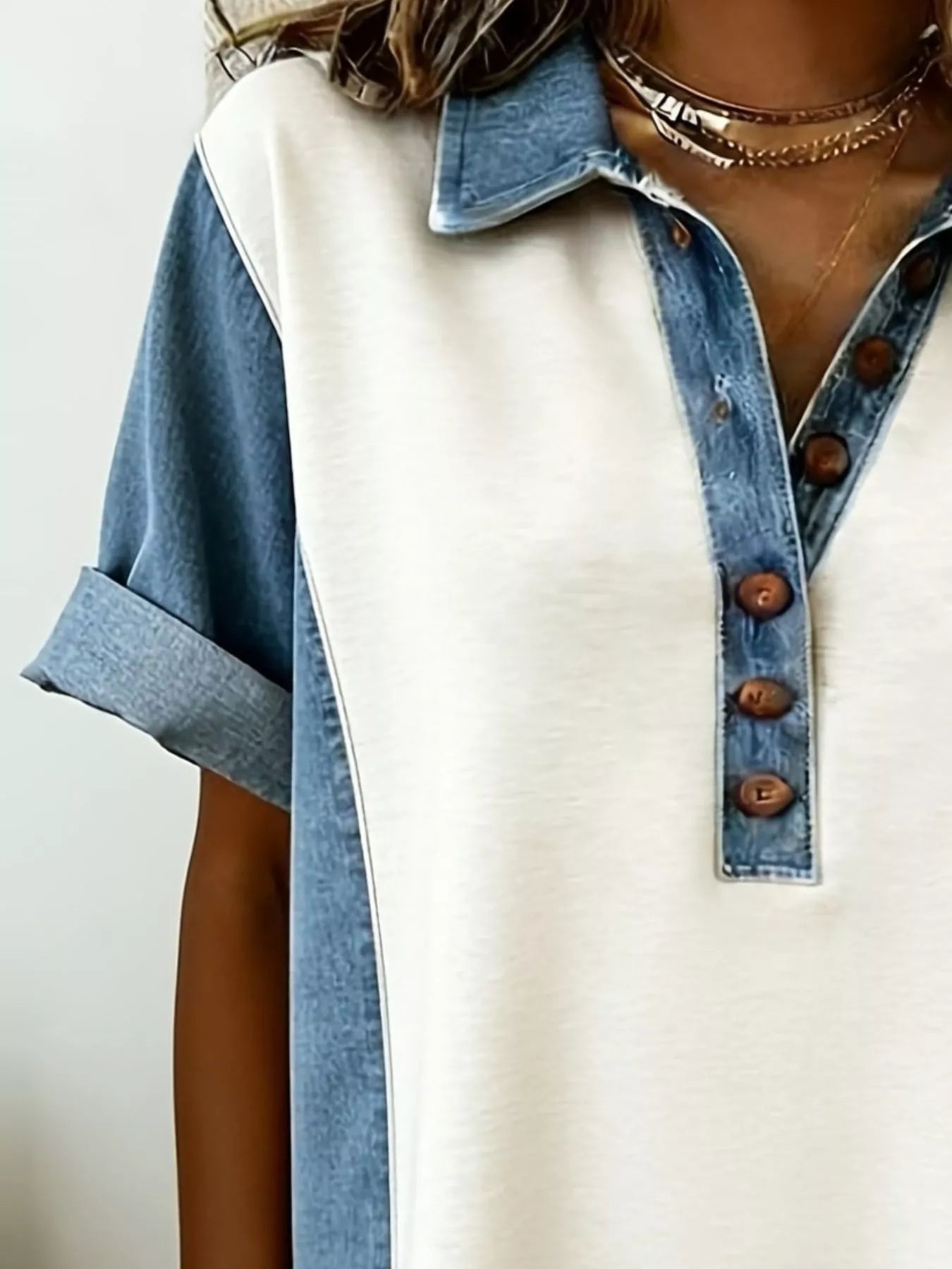 Denim Patchwork Button-Front Mini Dress in Gray and White in Gray/white