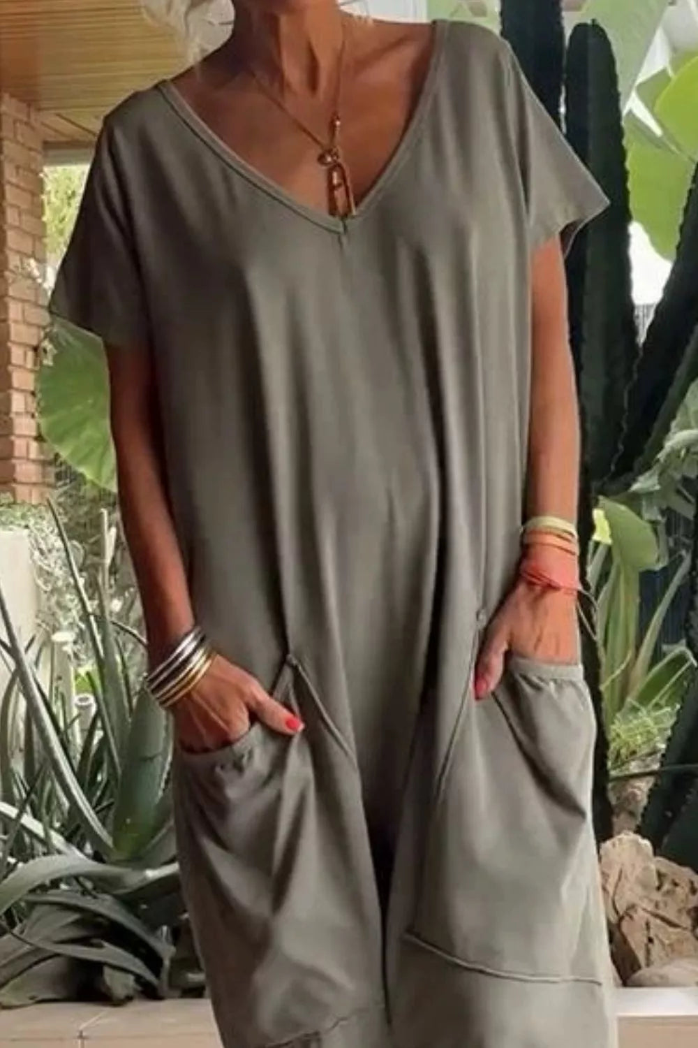 V-Neck Short Sleeve Jumpsuit with Pockets