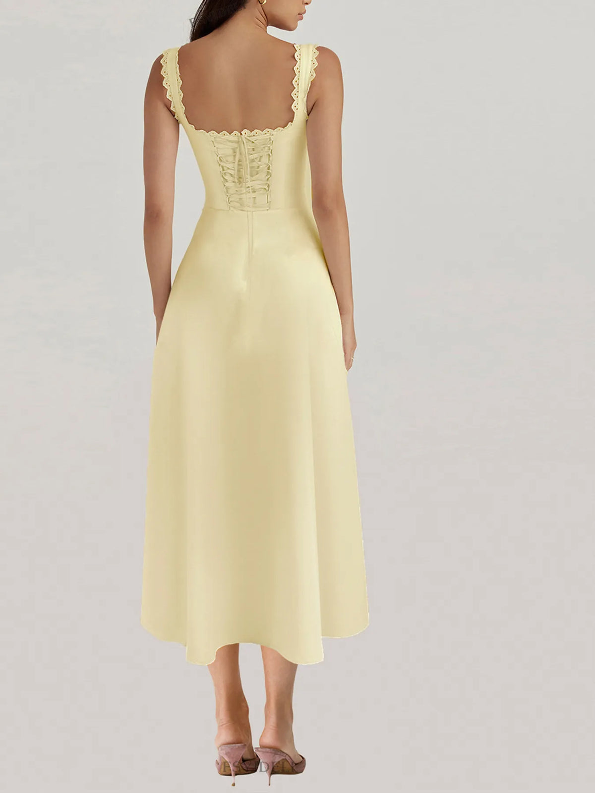 Scalloped V-Neck Lace-Up Midi Dress
