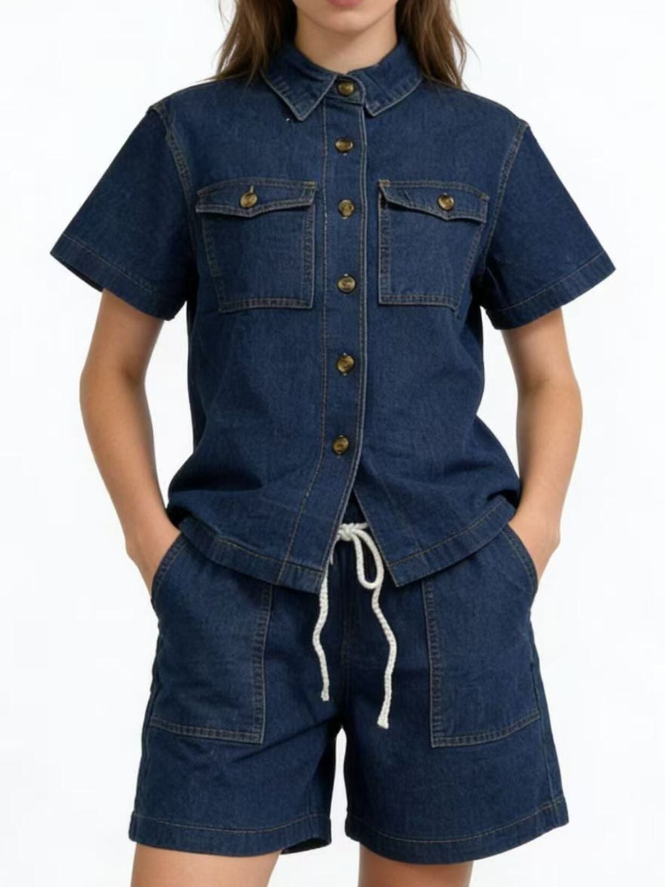 Button Up Short Sleeve Top and Shorts Denim Set by Dreamy Drapes