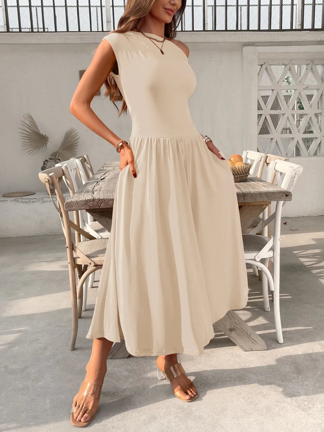 Single-Shoulder Pocketed Dress in Dusty Pink