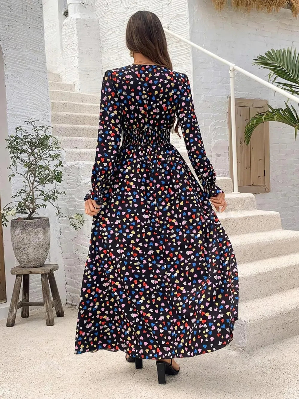 Smocked V-Neck Flounce Sleeve Dress
