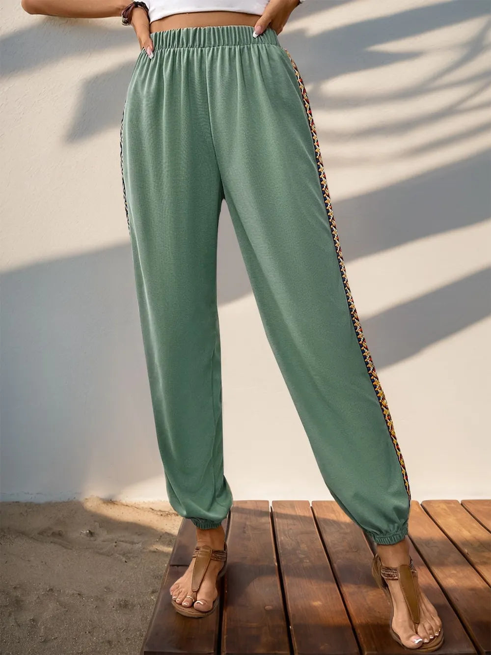 Patchwork Elastic-Waist Joggers in Gum Leaf