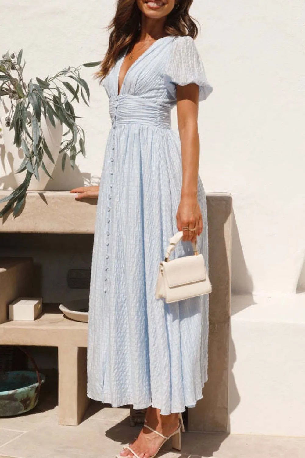 Smocked Puff-Sleeve V-Neck Midi Dress