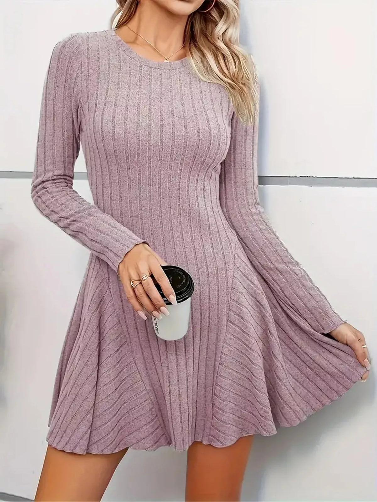 V-Neck Ribbed Knit A-Line Dress