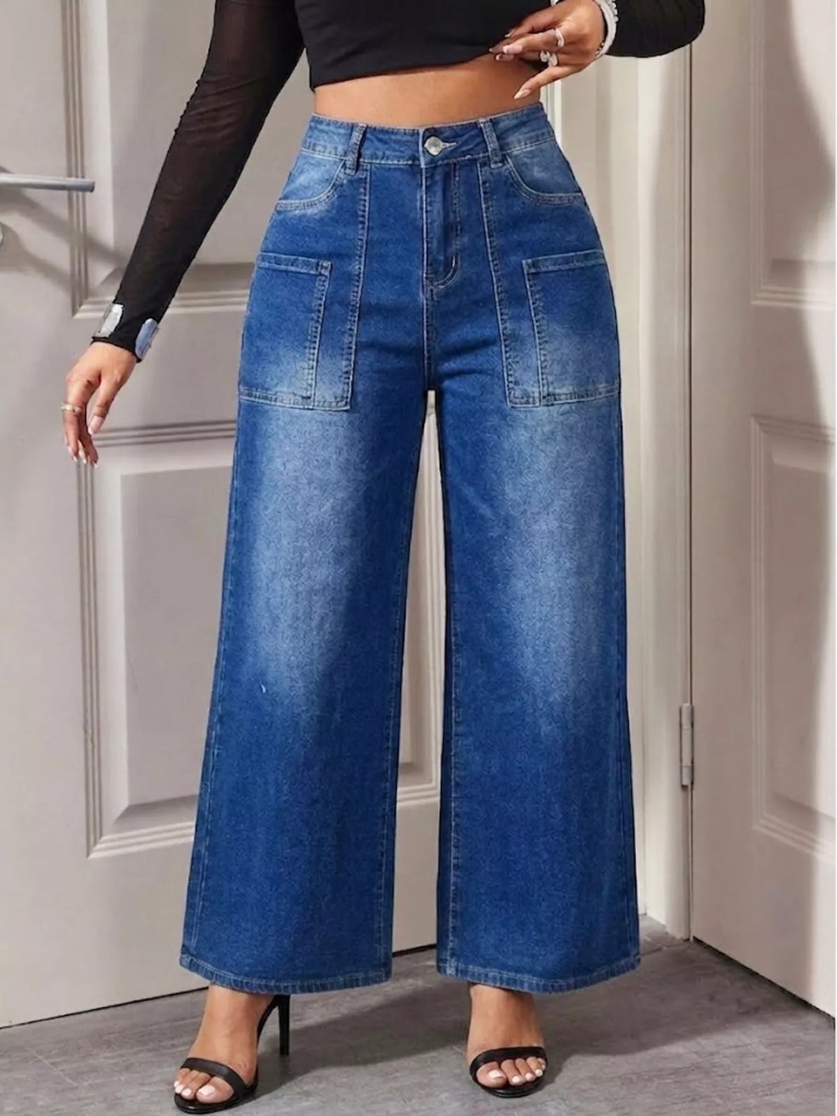 High-Waisted Wide Leg Jeans in Peacock Blue in Peacock  Blue