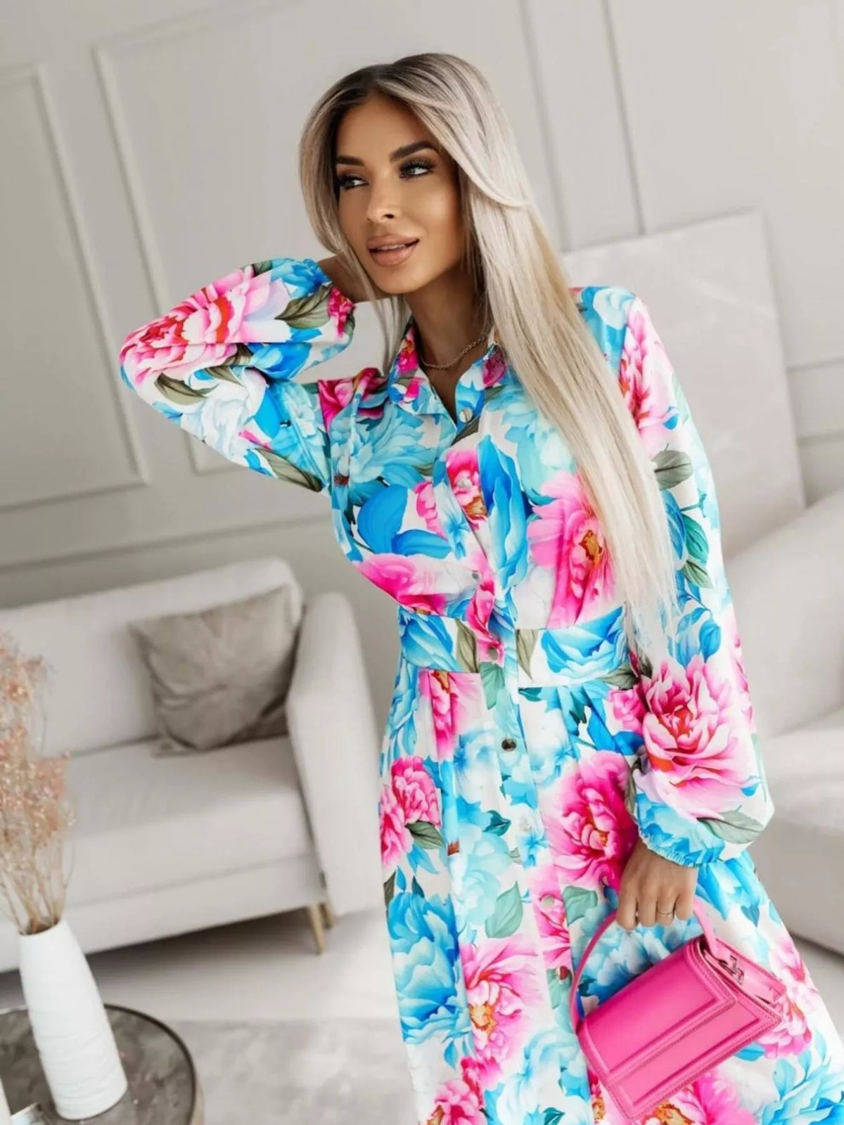 Printed Button-Front Maxi Shirt Dress