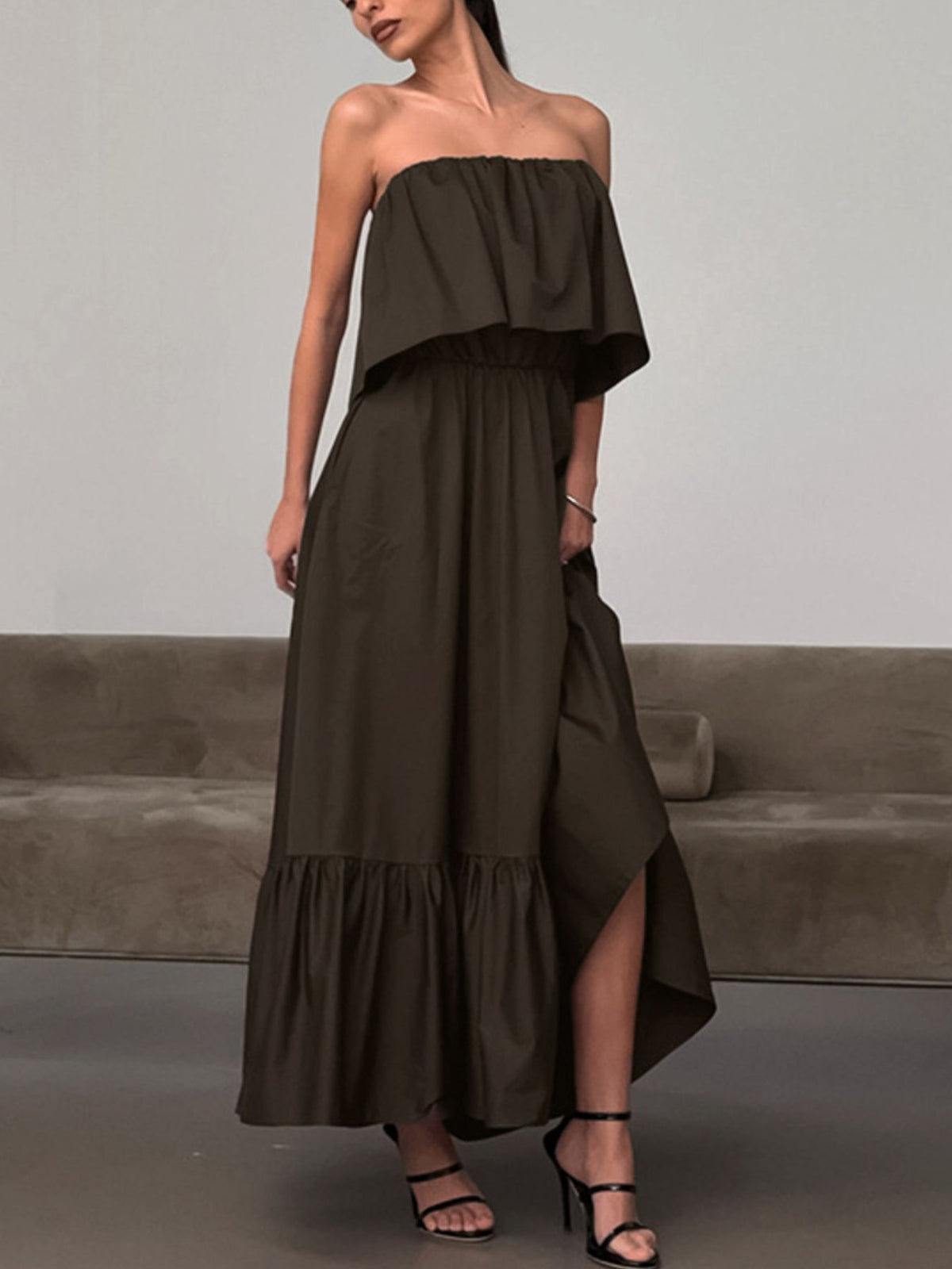 Off-Shoulder Tiered Maxi Dress in Chocolate